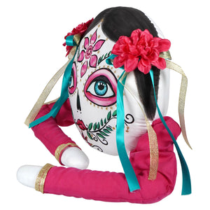 Juana boop plush day of the dead doll with vibrant pink teal floral face and fuchsia boop zombinaland decorative pillow