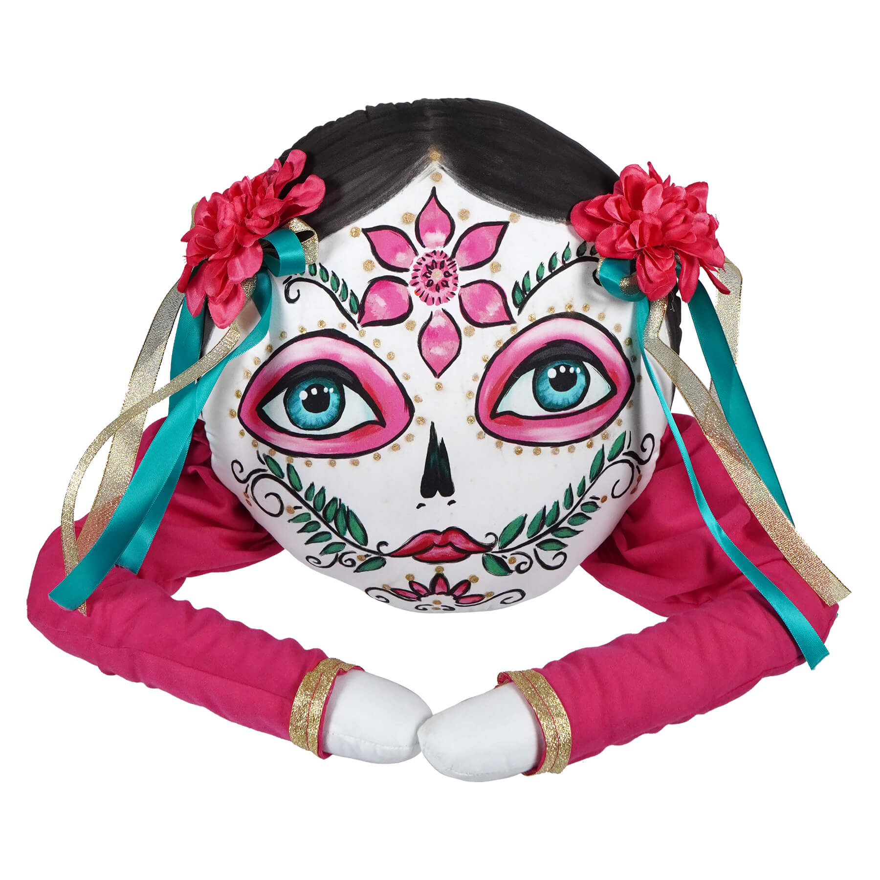Juana boop zombinaland decorative pillow with plush sugar skull headpiece in pink teal embroidered floral design
