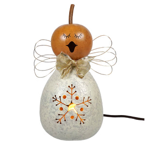 Julia lighted small snowflake angel gourd by Meadowbrooke Gourds with glowing orange snowflake and wire wings