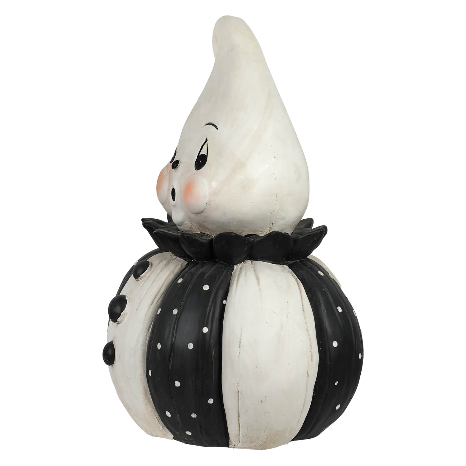 A charming johanna parker jumbo ghost decor with a white ghost figurine and black polka-dotted pumpkin body ruffled collar