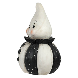 A charming johanna parker jumbo ghost decor with a white ghost figurine and black polka-dotted pumpkin body ruffled collar