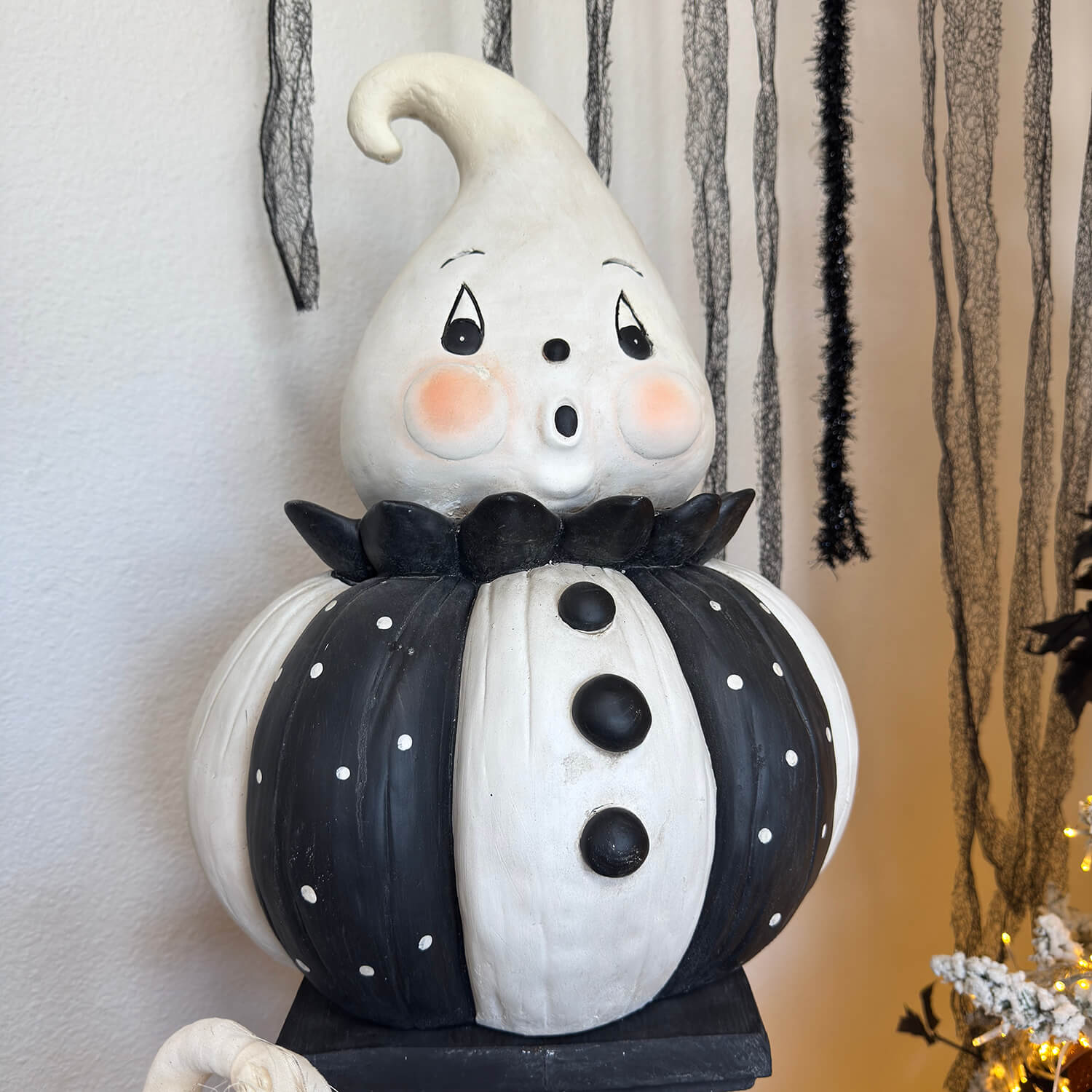 A charming johanna parker jumbo ghost decor with black and white polka dots bow tie rosy cheeks and expressive eyes