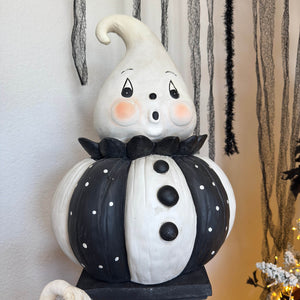 A charming johanna parker jumbo ghost decor with black and white polka dots bow tie rosy cheeks and expressive eyes