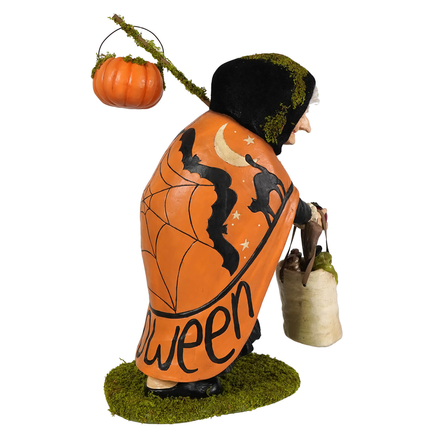 Orange witch figurine with black bat cat silhouettes spiderweb design moss accents from bethany lowe wee bit wicked figural decor