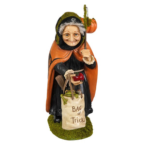 Just a wee bit wicked halloween witch figural decor by bethany lowe with mossy hood and bag of tricks frog