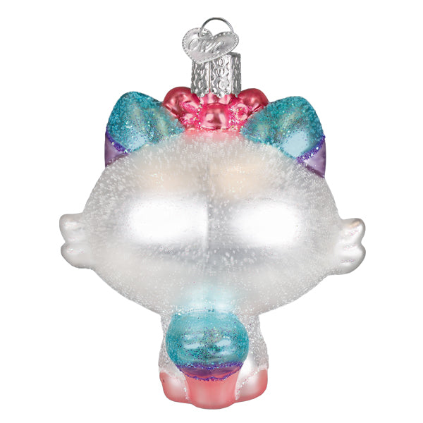 Kawaii cat ornament with glittery teal and purple ears, pink bow, and iridescent tail is a sparkling figural decor kitten ornament
