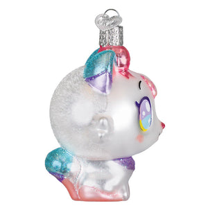 Sparkling silver glass kawaii cat ornament shaped like a pastel unicorn with iridescent blue and pink accents perfect figural decor