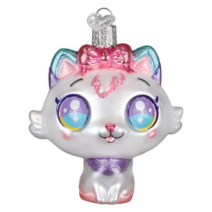 A charming white glass kawaii cat ornament with rainbow ears glittery pink bow and sparkling purple eyes figural decor perfect as a kitten ornament
