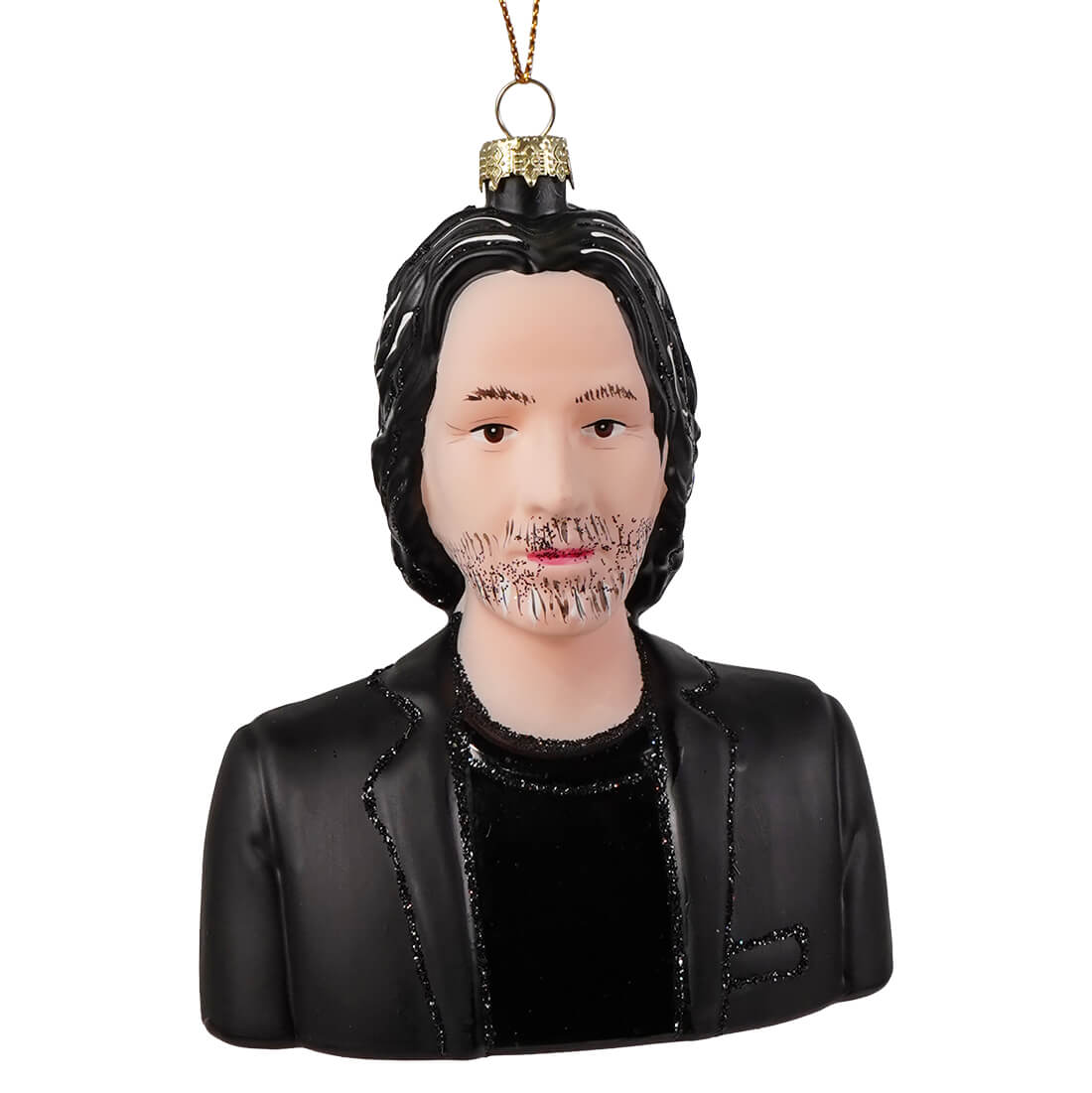 Black glass keanu reeves christmas ornament with long dark hair beard and black jacket by cody foster