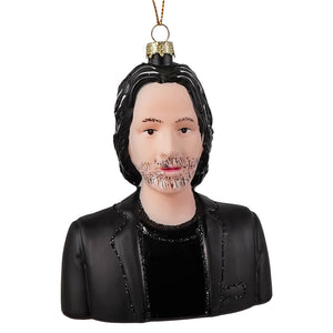 Black glass keanu reeves christmas ornament with long dark hair beard and black jacket by cody foster