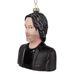 Keanu reeves black glass christmas ornament with long hair and beard by cody foster perfect for holiday decor