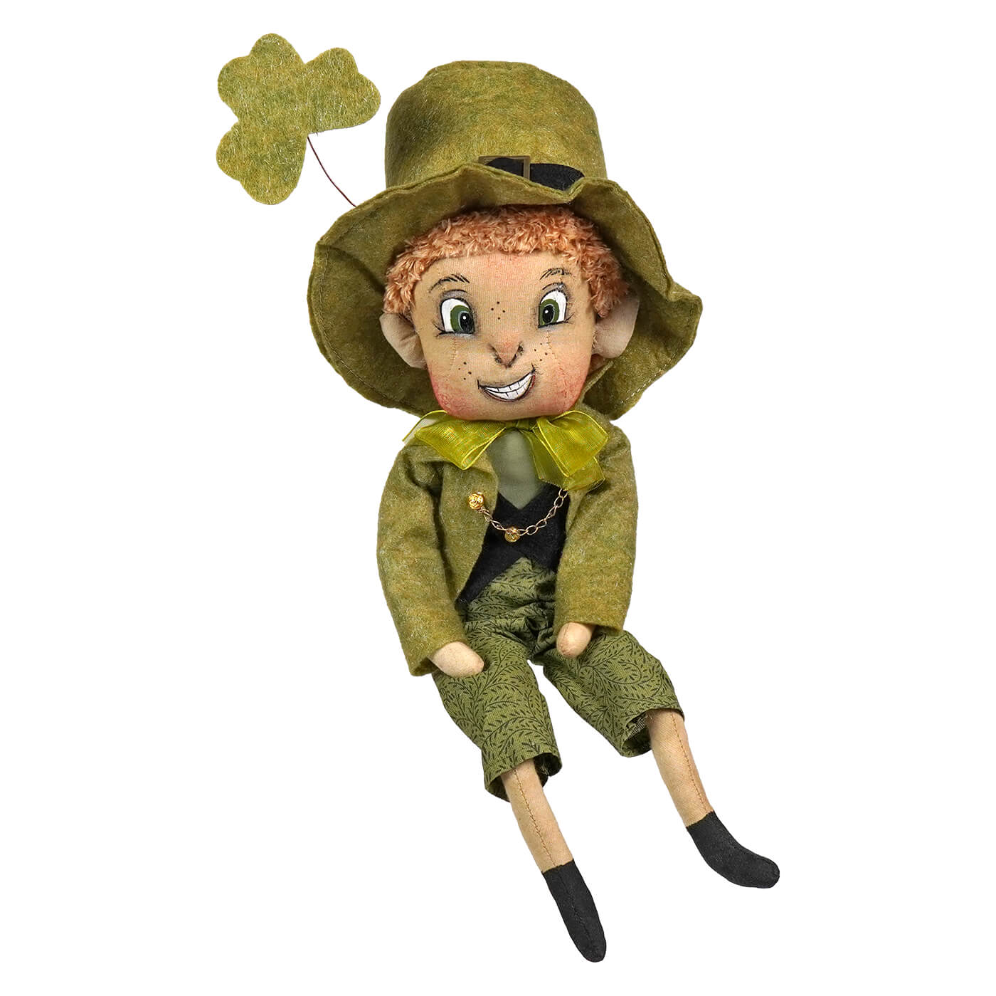 A keiran leprechaun plush doll by joe spencer with reddish curly hair green felt shamrock hat and matching green suit