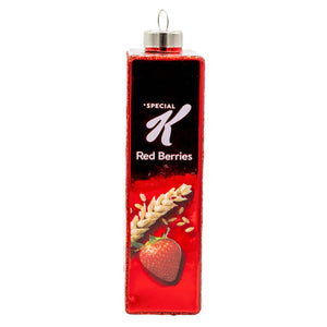 Red glass special k official licensed ornament shaped like kelloggs special k cereal box with wheat and berries design