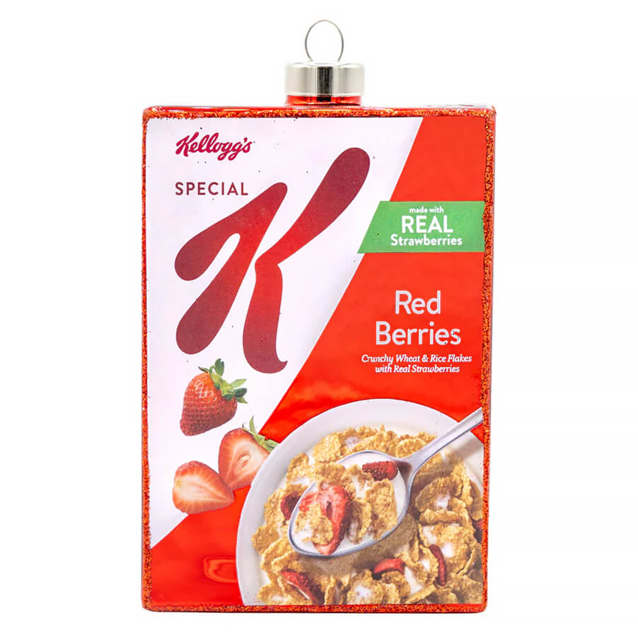 Kelloggs special k official licensed ornament featuring red and white cereal box design with glittery edges