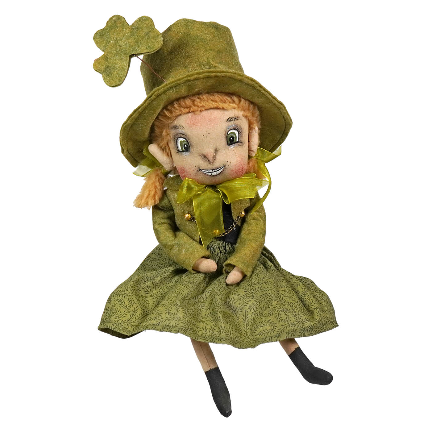 A charming kerry leprechaun doll in olive green fabric with stitched face black boots and shamrock hat for st patricks day