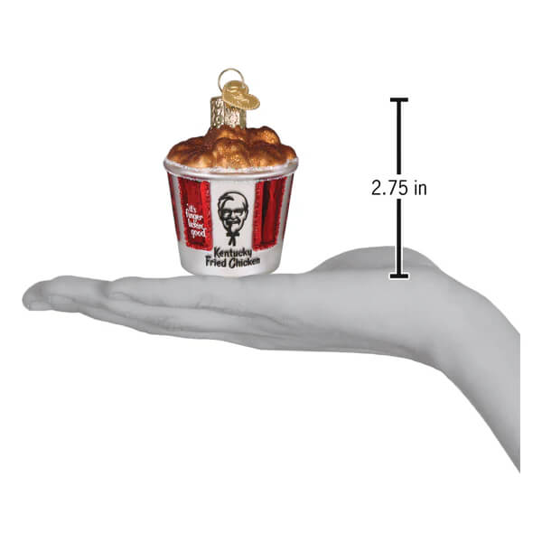 Kfc bucket of chicken christmas glass ornament with red and white stripes and golden fried chicken pieces on top