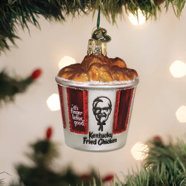 Glossy glass kfc bucket of chicken ornament with red white stripes colonel sanders and fried chicken christmas glass ornament