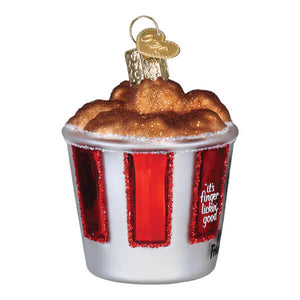 Shiny glittery red and white kfc bucket of chicken christmas glass ornament with golden foil lettering chicken ornament