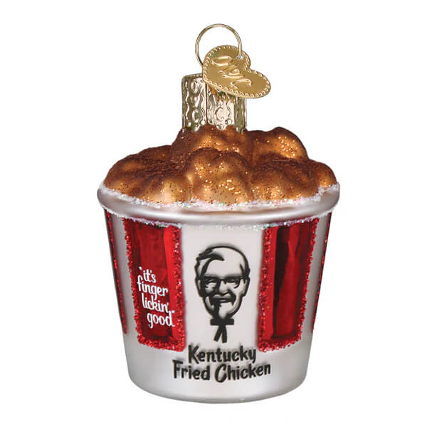Kfc bucket of chicken ornament is a glossy glass christmas glass ornament with red white stripes and fried chicken topping