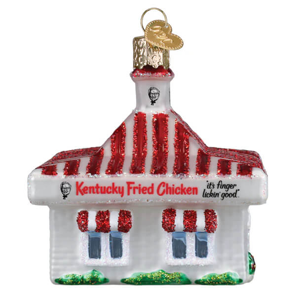 A red and white glittery glass kfc restaurant ornament with a gold loop perfect as a christmas glass ornament