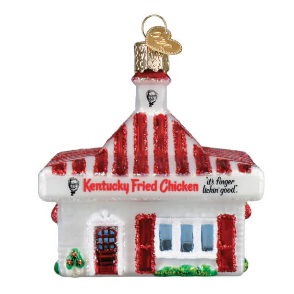 Red and white striped glass kfc restaurant ornament with gold hat topper perfect as a christmas glass ornament