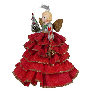 A festive kitschmas angel tree topper with blonde hair gold glitter wings and a red gown for tree toppers and finials