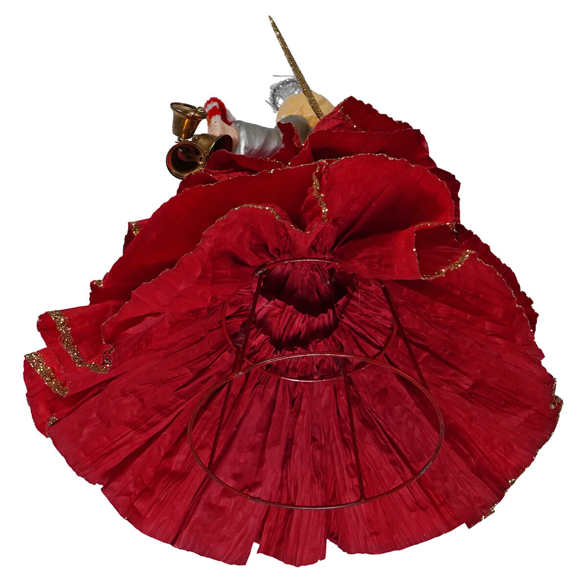 A vibrant red ruffled angel tree topper with gold trim and metallic wire frame perfect for classic angel tree toppers