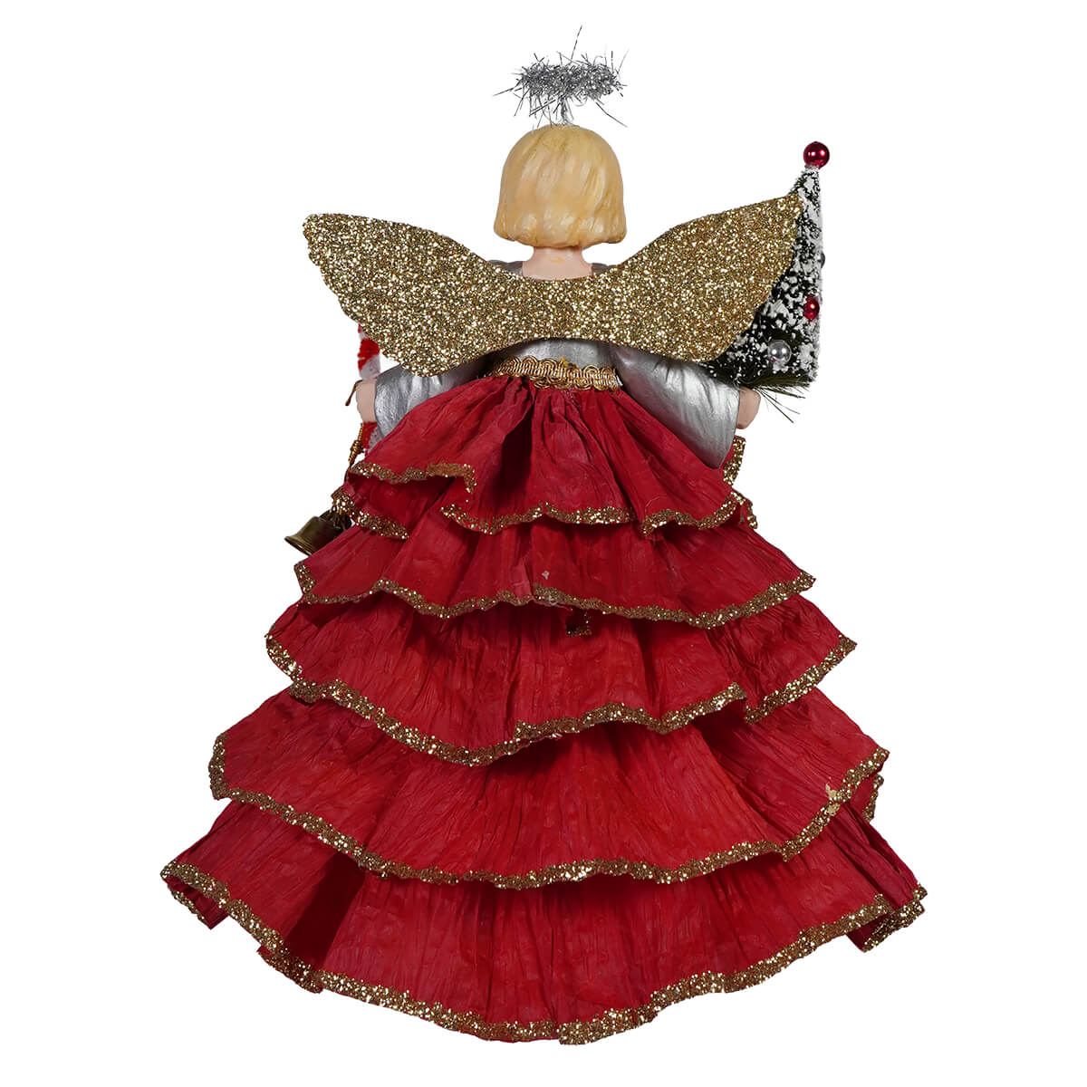 A kitschmas angel tree topper with golden glitter wings, red ruffled dress, and silver tinsel crown perfect for classic angel tree toppers