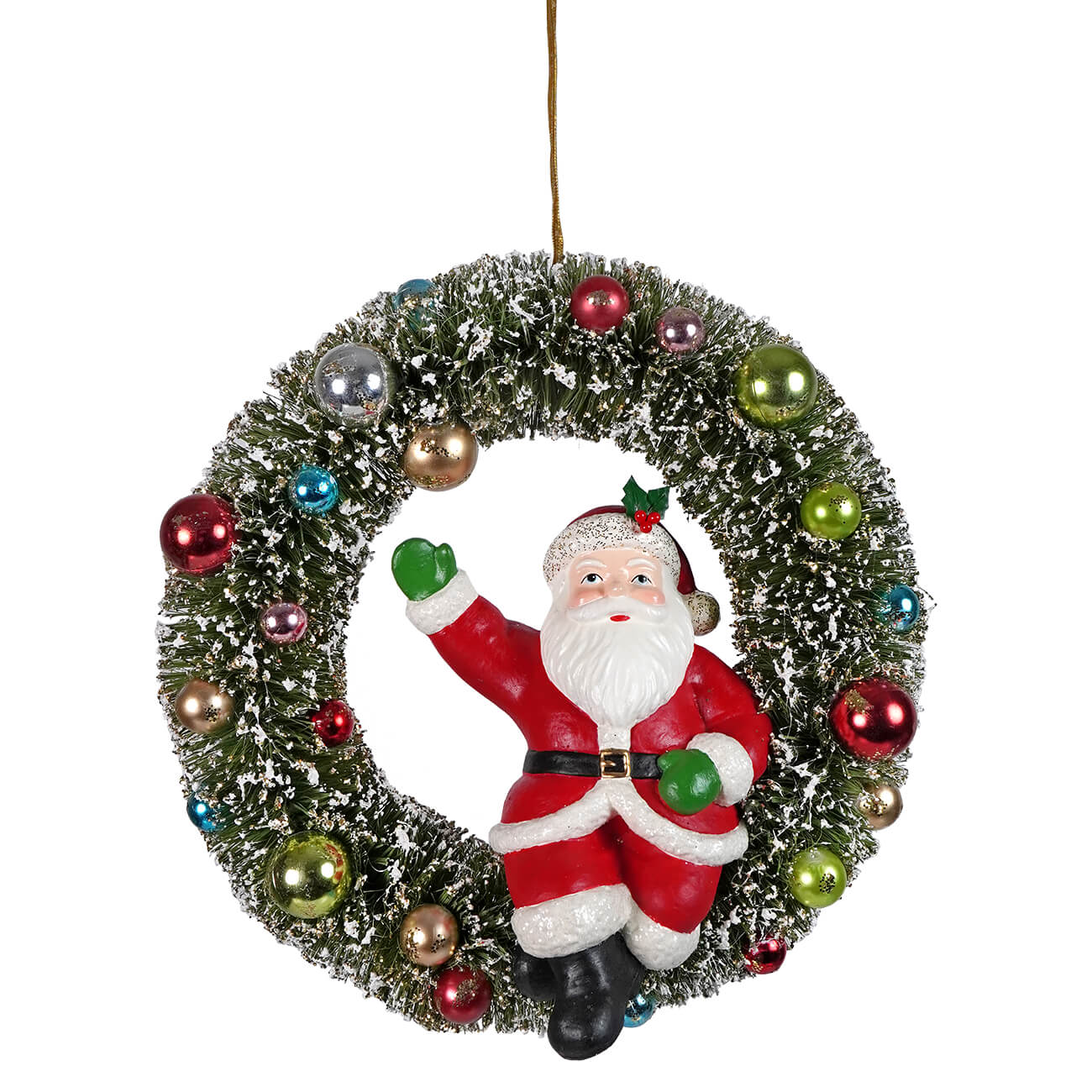 A kitschmas santa festive christmas wreath by bethany lowe design featuring santa in red suit and colorful ornaments