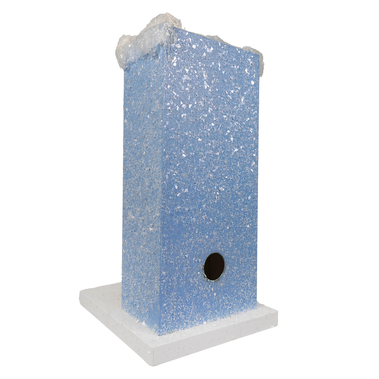 A light blue glittery textured village house birdhouse with a circular entrance and white base from cody foster knitting & haberdashery shop