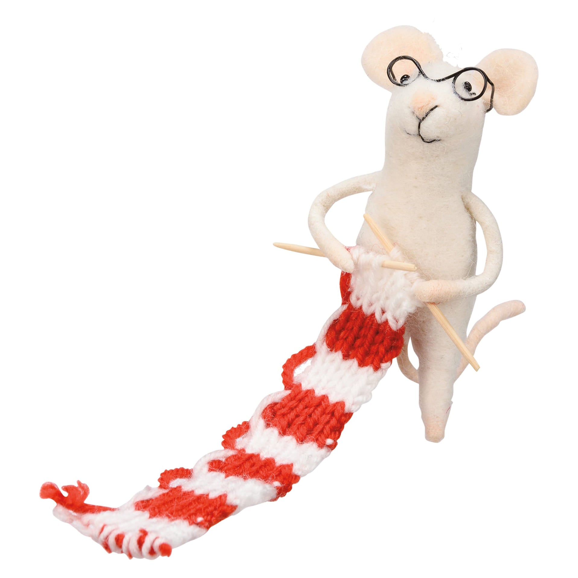 A white felt merry mouse critter wearing black glasses knitting a red and white striped scarf with wooden needles
