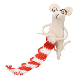 A white felt merry mouse critter wearing black glasses knitting a red and white striped scarf with wooden needles
