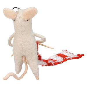 Knitting mouse critter is a white felt christmas mouse keychain with pink ears holding knitting needles and a striped yarn scarf
