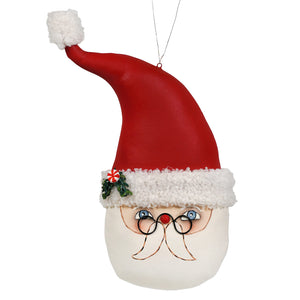 Krist kringle ornament by bethany lowe design featuring red and white santa ornament with fluffy pom-pom hat and holly details