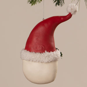 Red santa hat ornament with white fuzzy trim and pom-pom in glossy finish by bethany lowe design for santa ornaments