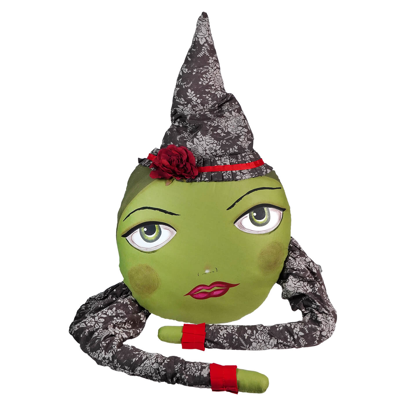 Green cartoon-style head wearing a pointed gray hat with red accents.