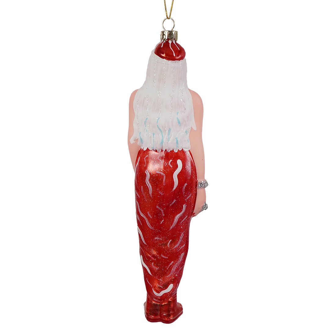 A glass christmas ornament of lady gaga wearing the meat dress as a mermaid with red tail and santa hat in pop culture style
