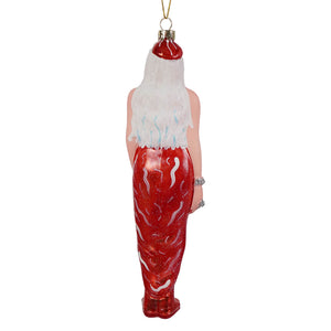 A glass christmas ornament of lady gaga wearing the meat dress as a mermaid with red tail and santa hat in pop culture style
