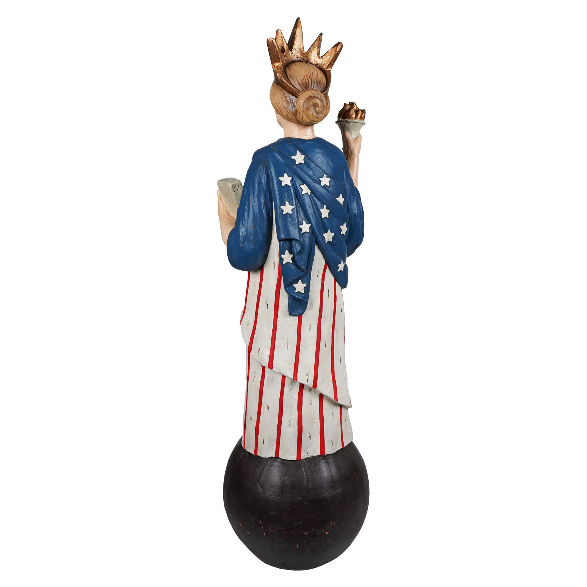 A painted wooden lady liberty statue by bethany lowe with crown, star-spangled cloak, and figural decor on eagle ball