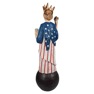 A painted wooden lady liberty statue by bethany lowe with crown, star-spangled cloak, and figural decor on eagle ball