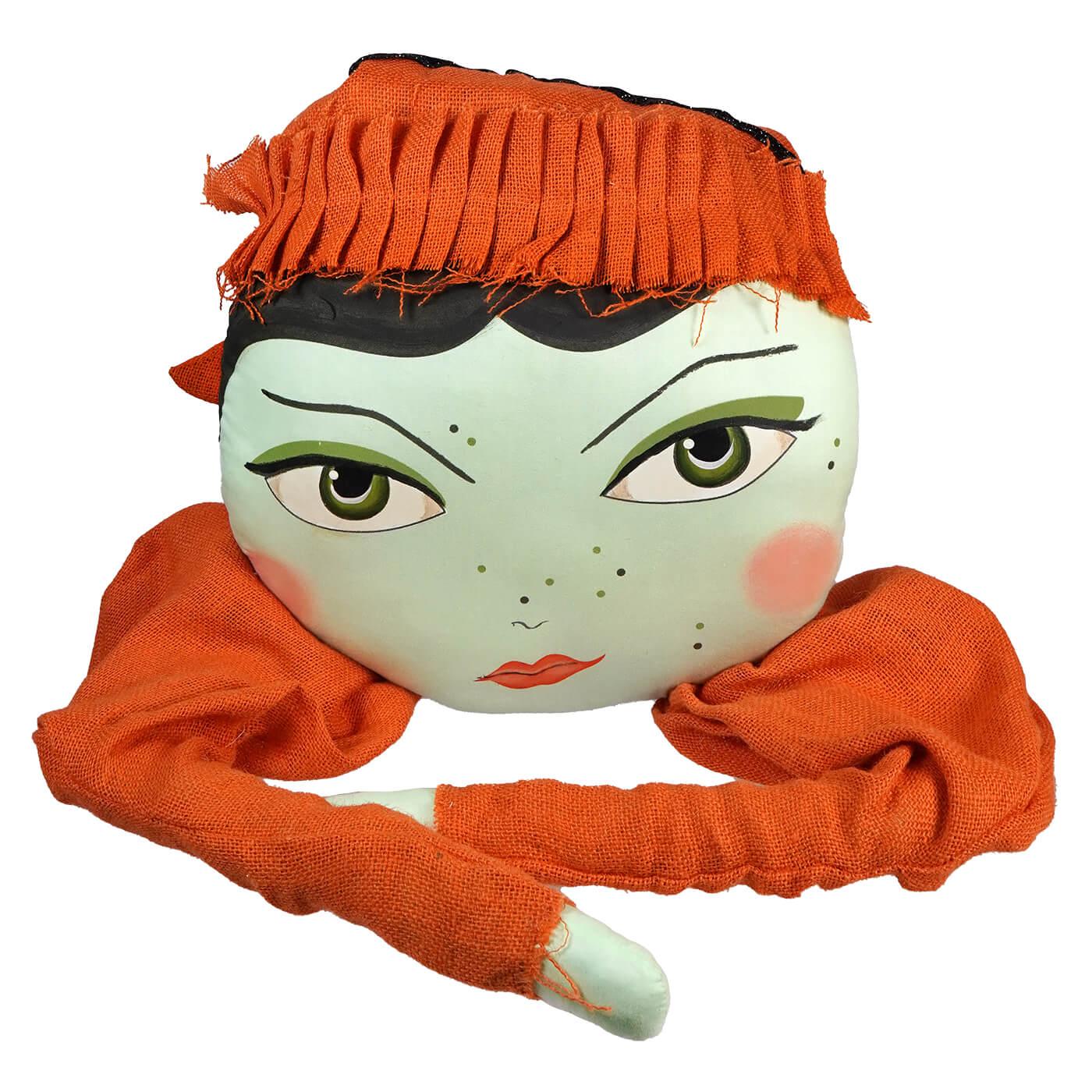 Stylized fabric doll head with orange yarn hair and painted facial features.