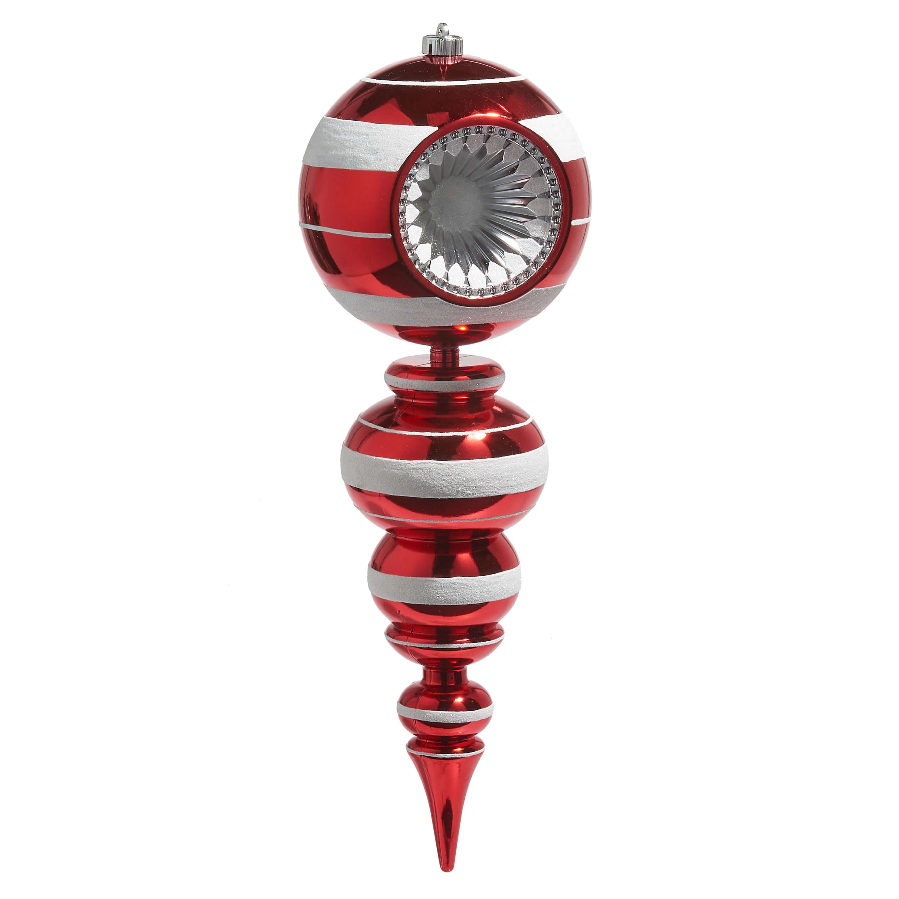 Red and white striped Christmas tree ornament with a reflective silver center.