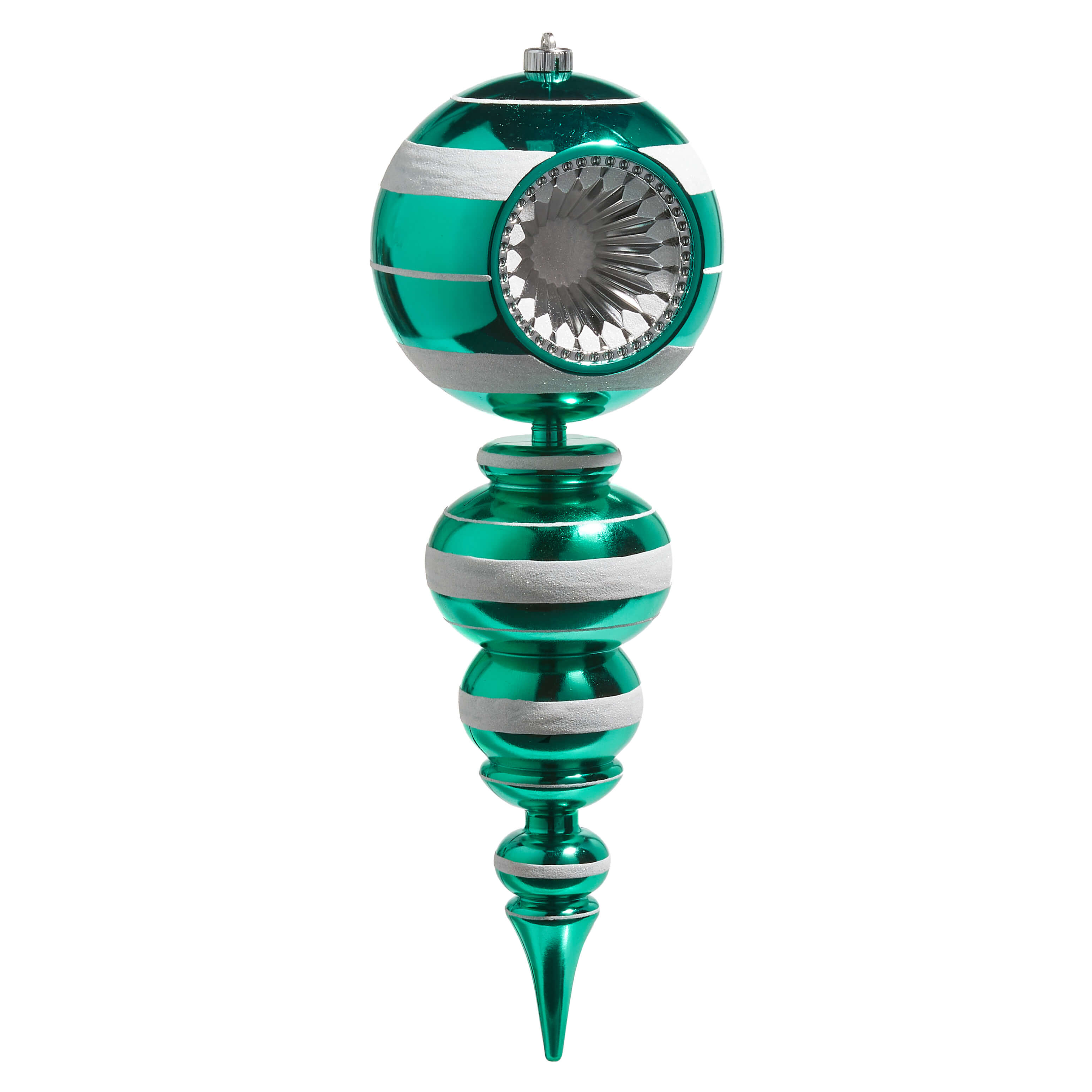 Ornate green and silver Christmas tree ornament with a reflective center and elongated finial base.