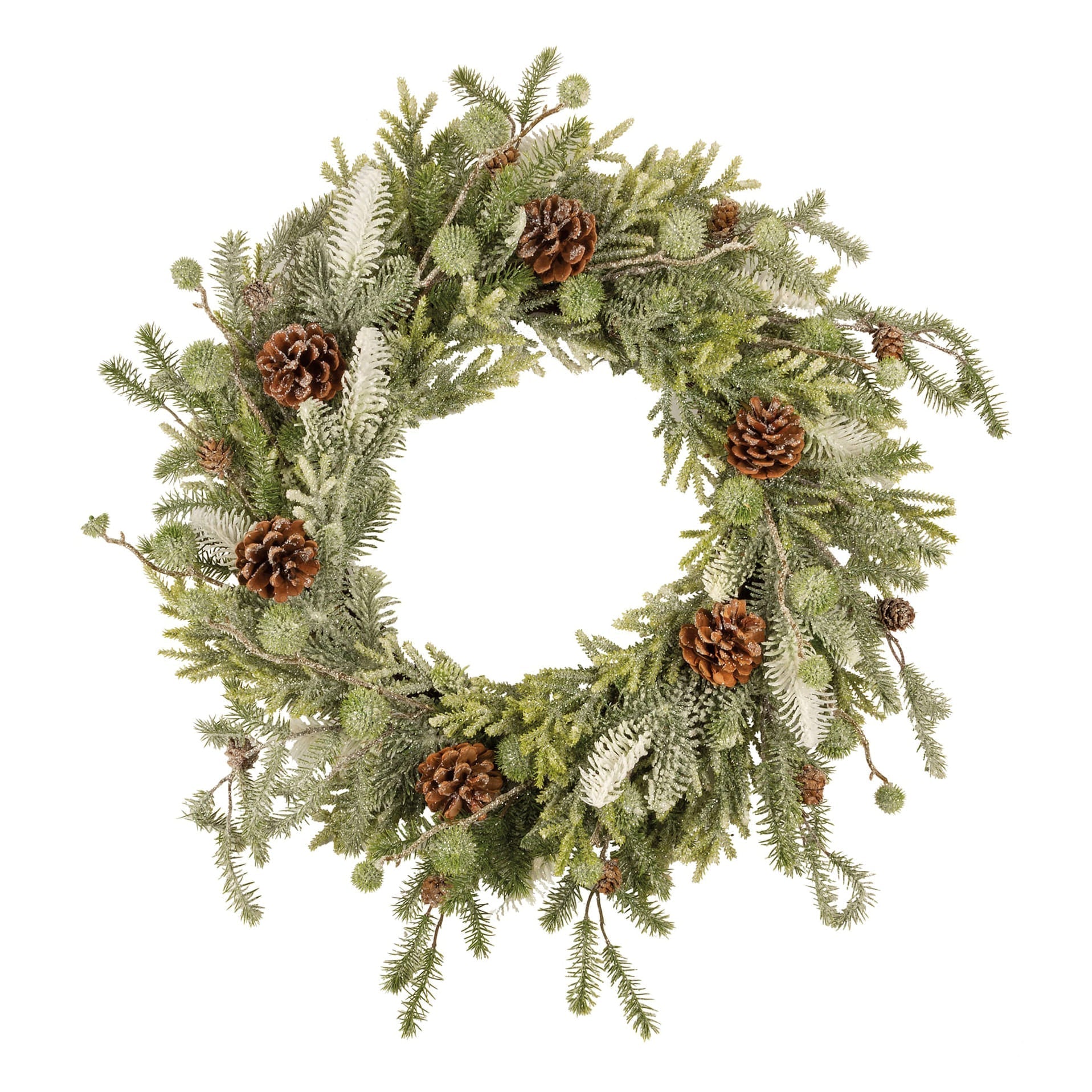Large mixed evergreen wreath with frosty green artificial pine, brown pinecones, white accents perfect for vintage easter wall decor