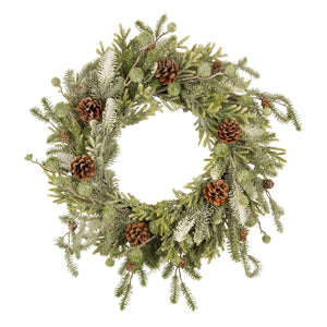 Large mixed evergreen wreath with frosty green artificial pine, brown pinecones, white accents perfect for vintage easter wall decor