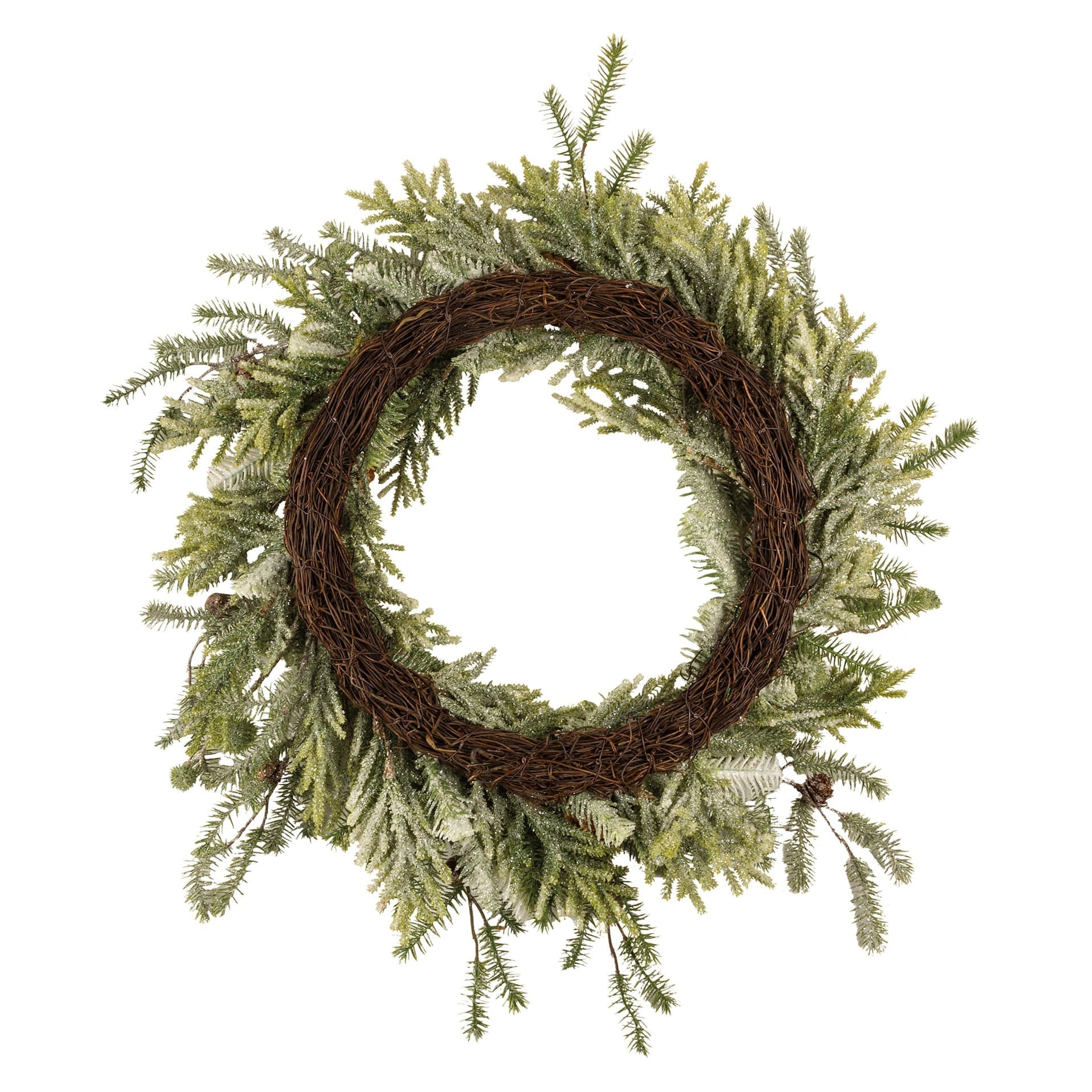 Large mixed evergreen wreath with frost-dusted green pine and natural brown vine frame perfect for spring hanging decor