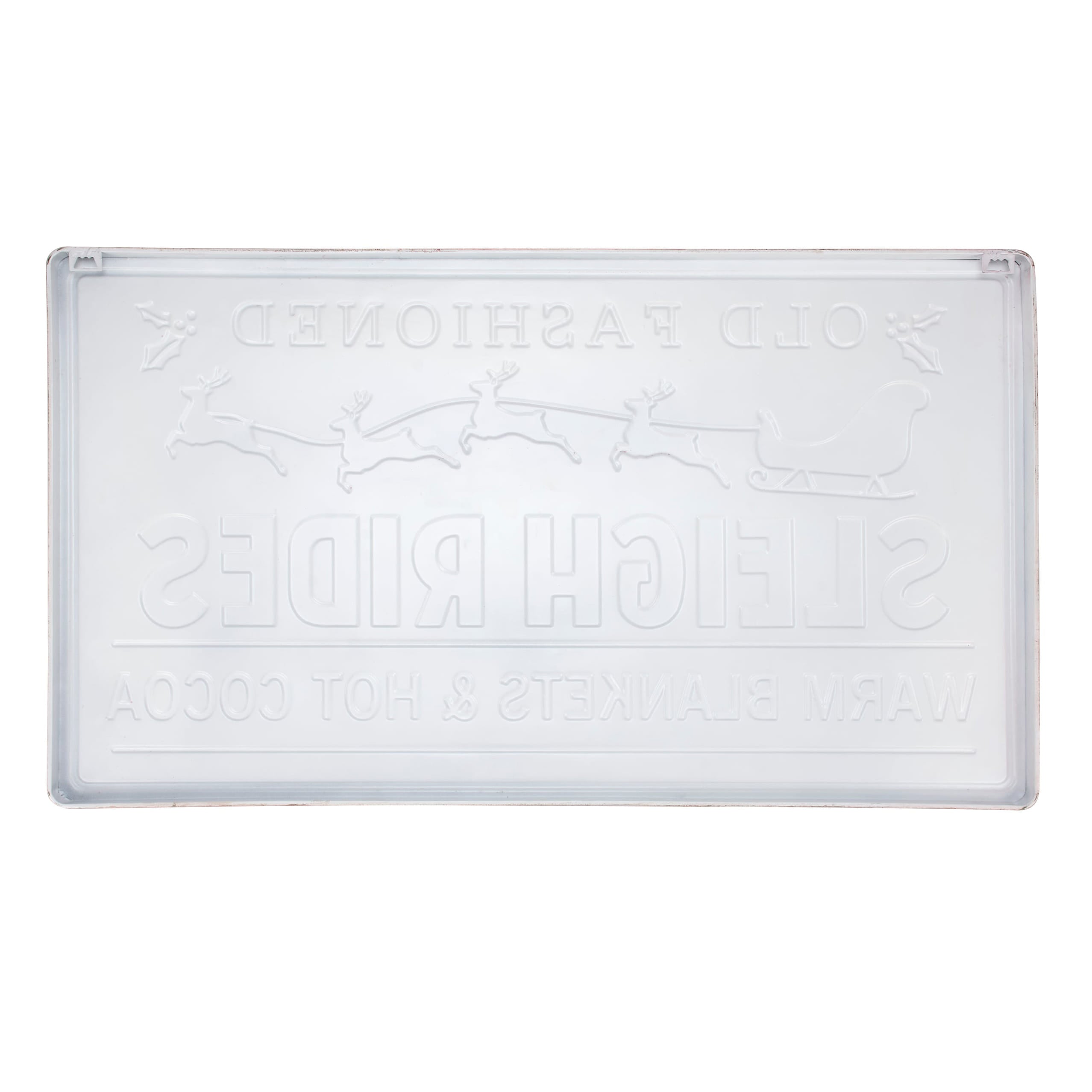 Clear plastic sleigh block sign with embossed reindeer sleigh design and old fashioned sleigh rides text wall decor