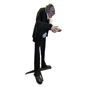 Large animated halloween butler figure with motion-activated lights and electrical components holding silver bowl