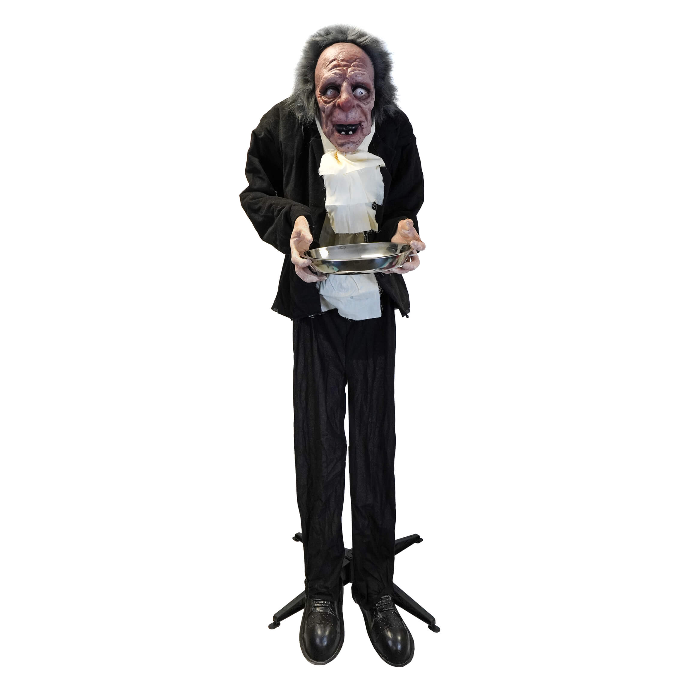 A large animated halloween butler in a black suit with motion-activated lights holding a shiny silver tray and electrical components