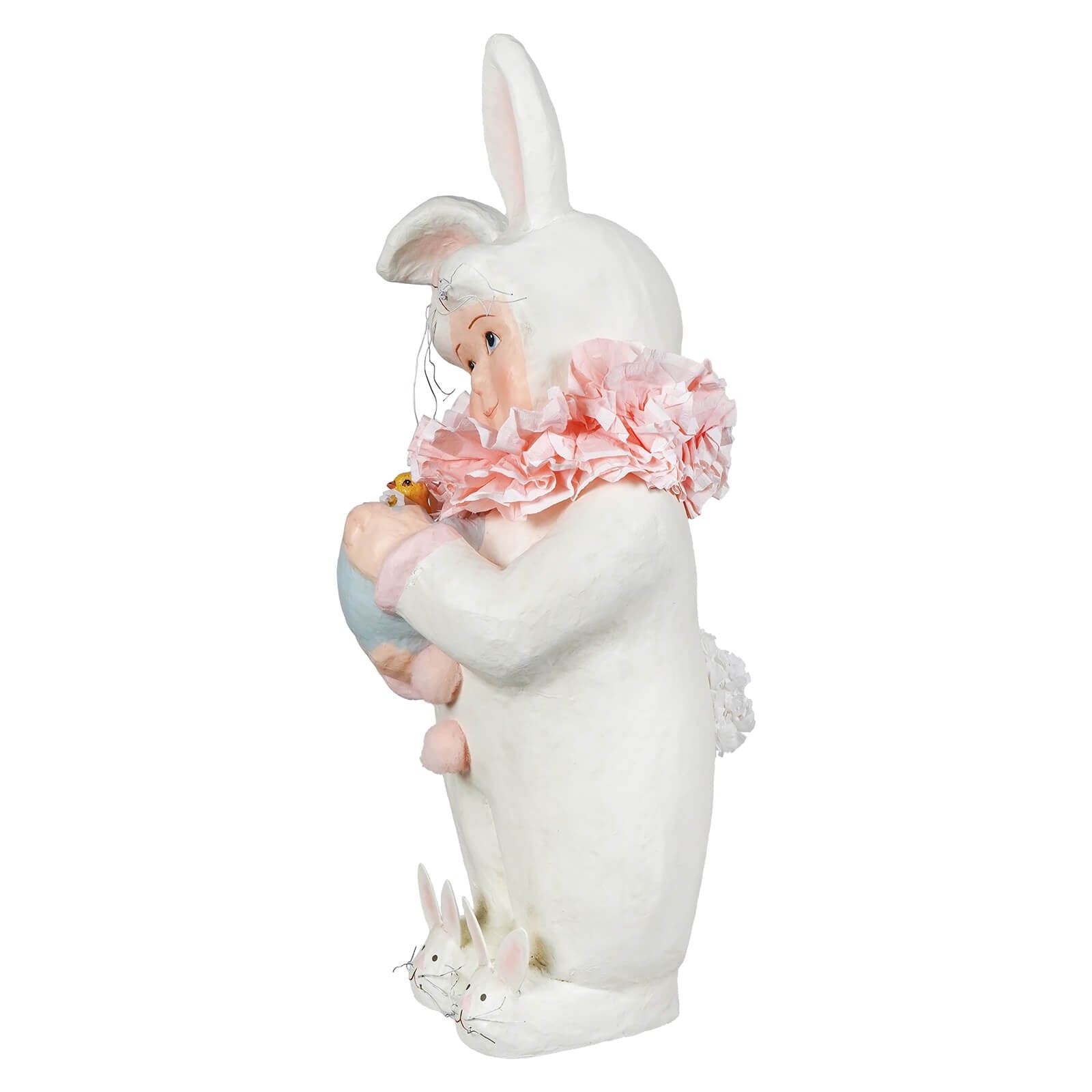 Large bunnykins white bethany lowe bunny figurine with pink ruffled collar holding small object figural decor tree topper